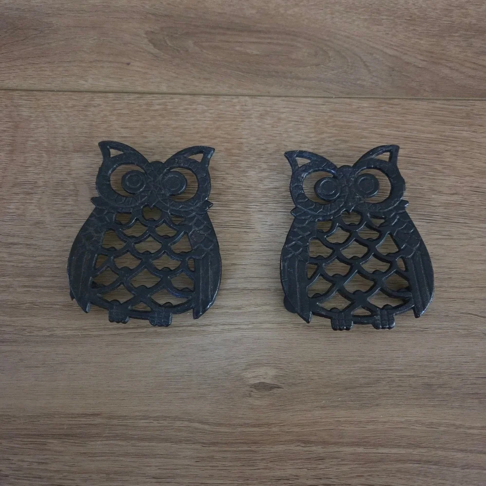 Vintage Black Cast Iron Owl Trivet Set of 2 Mid Century Modern Kitchen Decor‎